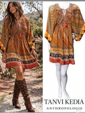 Tanvi Kedia Anthropologie Embellished Boho Babydoll Mini Dress Beaded Size Small